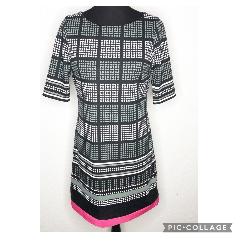 Eliza J black white gray pink polka dot shift dress size 6
